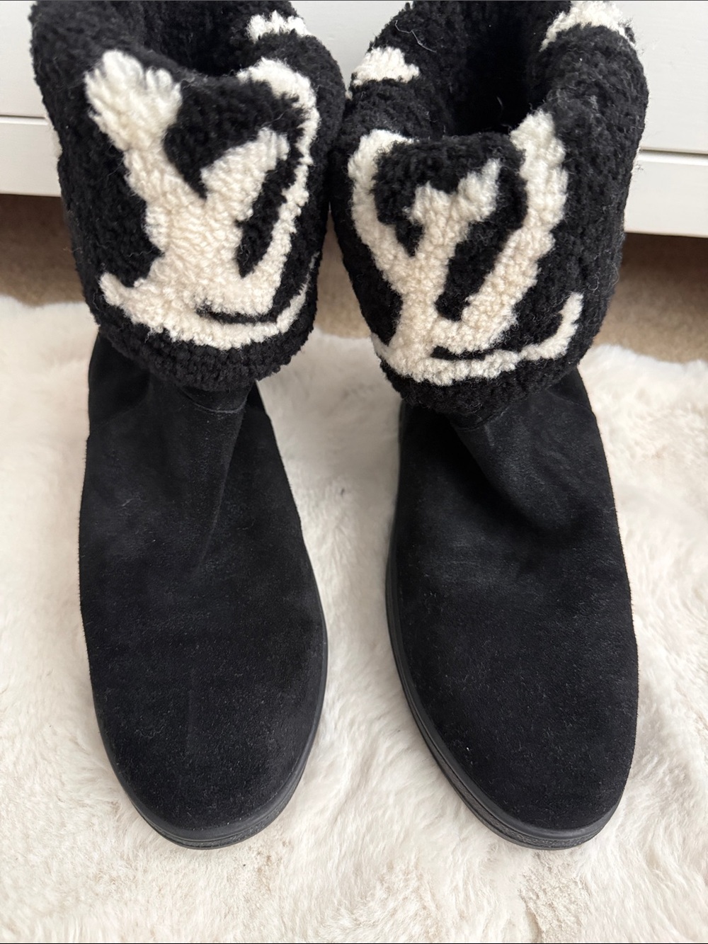 LV Black Suede Heeled Boots with Black-and-Cream Logo Cuff
